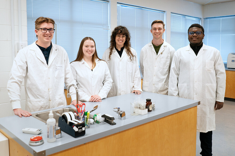 (left-right) Ethan Nanninga (3rd-year Chemistry), Erin Pederson (4th-year Chemistry), Dr. Cassidy VanderSchee, Rio Bouwers (5th-year Chemistry), Josh Olisa (4th-year Chemistry)